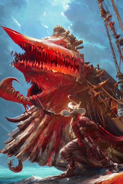 Prompt: a professional digital painting of a monster pirate with many jaws, full body, concept art, sharp detail, focused, illustration, smooth render, red jewels for eyes, pirate ship in background, art style by Ruan Jia and Mandy Jurgens and Ian Spriggs and William-Adolphe Bouguerea