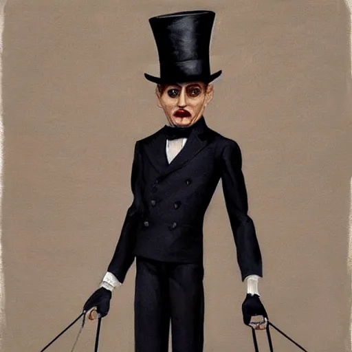 Prompt: a painting of a marionette puppet wearing a top hat and a suit by artgerm