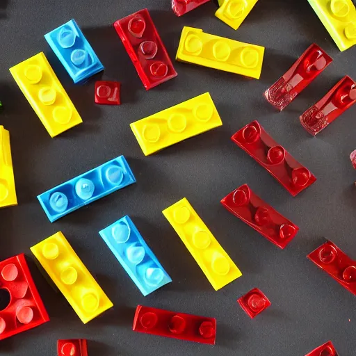 Image similar to parts of dismembered lego minifigure scattered along table, blood, guts