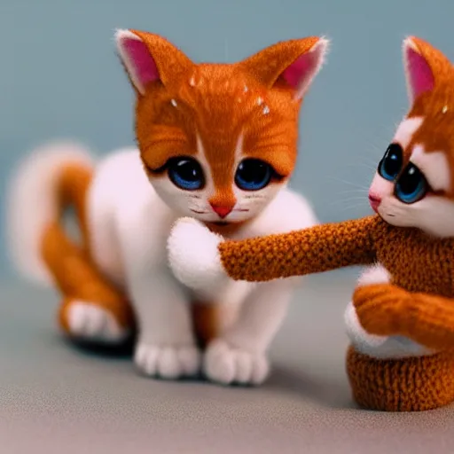 Prompt: miniature closeup of cute kittens playing with yarn, claymation, Pixar animation, visually stunning, 50mm, highly detailed, award-winning