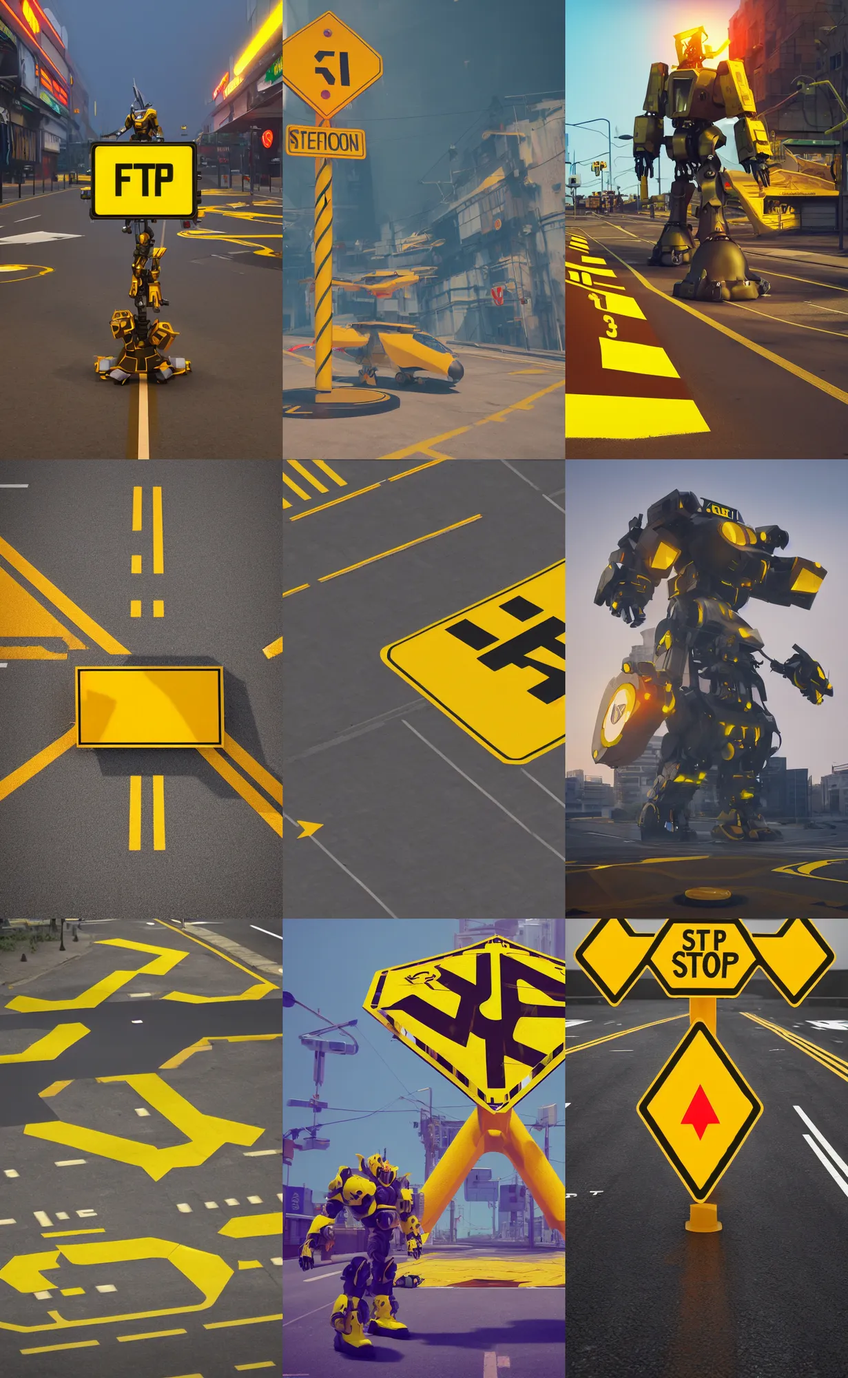 Prompt: giant yellow roadsign - plated fighter, wearing a stop sign on its head, character design trending on artstation, mecha, unreal engine 5, octane render, dramatic lighting