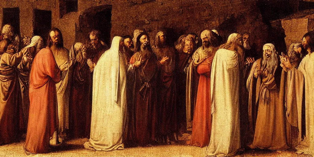 Prompt: high queality painting, jesus christ talking to the people in judea, by leonardo davinci