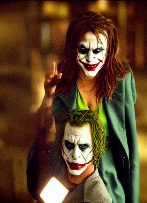 Image similar to film still of Jennifer Aniston as The Joker in The Dark Knight, 4k