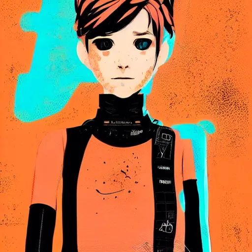 Prompt: Highly detailed portrait of a post-cyberpunk young lady with, freckles and cool hair by Atey Ghailan, by Loish, by Bryan Lee O'Malley, by Cliff Chiang, inspired by image comics, inspired by graphic novel cover art, inspired by nier, inspired by scott pilgrim !! Gradient orange, black and white color scheme ((grafitti tag brick wall background)), trending on artstation