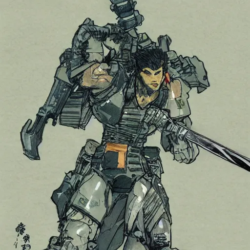 Image similar to hero sitting on a chair holding a sword on his back, looking at a army in the background illustrated by yoji shinkawa, pencil art, extra detail, dynamic, colored, blood, metal swords, clearly drawn, sharp lines