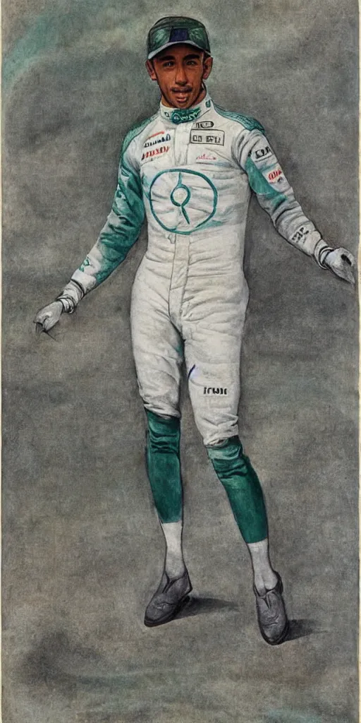 Image similar to A portrait of Lewis Hamilton in his racing uniform by William Blake