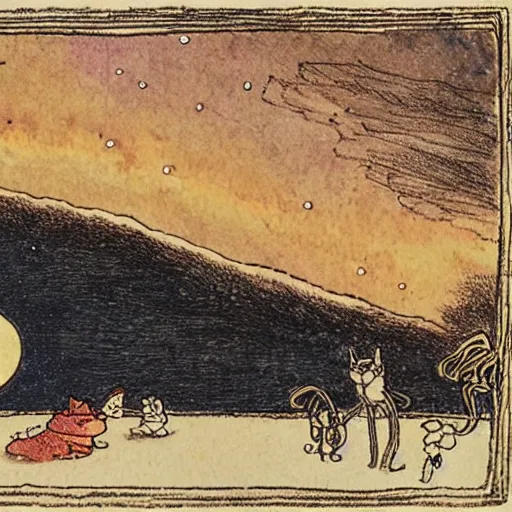 Image similar to night sky, stars, literally smiling moon with happy eyes prominently in the center, surrounded by clouds, landscape, illustrated by peggy fortnum and beatrix potter and sir john tenniel