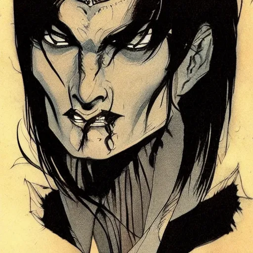 Prompt: beautiful portrait commission of a handsome alligatoah casual clothes in a vintage gothic style. black hair. pale skin, black makeup. character design by moebius, detailed, inked, western comic book art