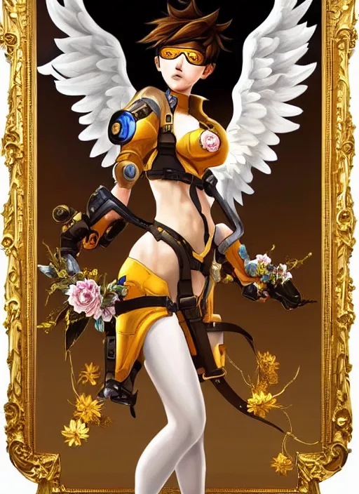 Image similar to full body oil painting of tracer overwatch in the style of sophie anderson, angel wings, angelic golden armor, dramatic painting, symmetrical composition, ornate, golden chains, high detail, gold detailed collar!!!!!, blooming, angelic, lights, flowers, heavenly, bright, detailed face,