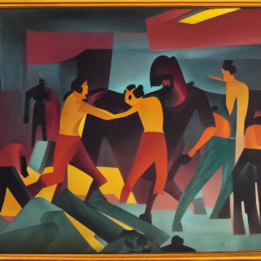 Image similar to oil on masonite painting by aaron douglas of men fighting in a cafeteria