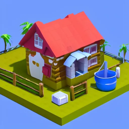 Image similar to chubby cute mobile game house, 1 0 0 mm, 3 d render, isometric, blue background,