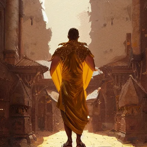 Prompt: Noble person wearing a golden toga and crossing his arms, fantasy, medieval, highly detailed, Artstation, painting by greg rutkowski