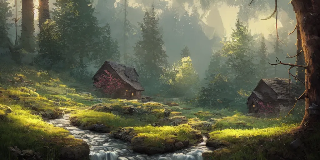 Image similar to woods on the mountain in spring with small stream and small house, warm atmosphere, ilustration, characterized by roman shipunov, etienne hebinger, atey ghailan, cgsociety, fantasy art, 2 d game art