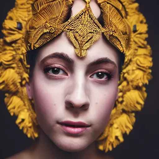 Prompt: kodak portra 4 0 0, 8 k, artstation, soft light, volumetric lighting, highly detailed, britt marling style 3 / 4 extreme close - up portrait photography of a beautiful woman pre - raphaelite, inspired by aida muluneh, royal woman wearing ornate art nouveau orchid headdress, realistic, refined, highly detailed