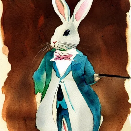 Image similar to a rabbit dressed as sherlock holmes, watercolour realism