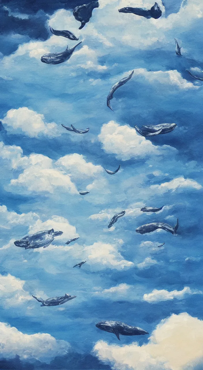 Image similar to ocean in the sky, whales, clouds, moon, water