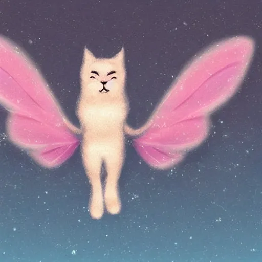 Prompt: fantasy. a big happy cat with soft fluffy colored fur and translucent wings like a butterfly flies across a realistic sky. clear details.