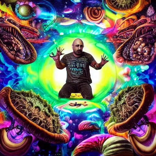 Image similar to Joe Rogan and Aliens eating mushrooms, psychedelic, hyperdetailed, trending on instagram, 4k