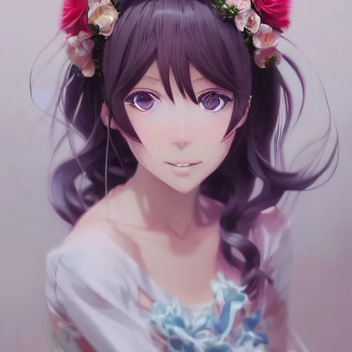 Image similar to anime portrait of a flower girl as an anime girl by Stanley Artgerm Lau, WLOP, Rossdraws, James Jean, Andrei Riabovitchev, Marc Simonetti, and Sakimichan, trending on artstation