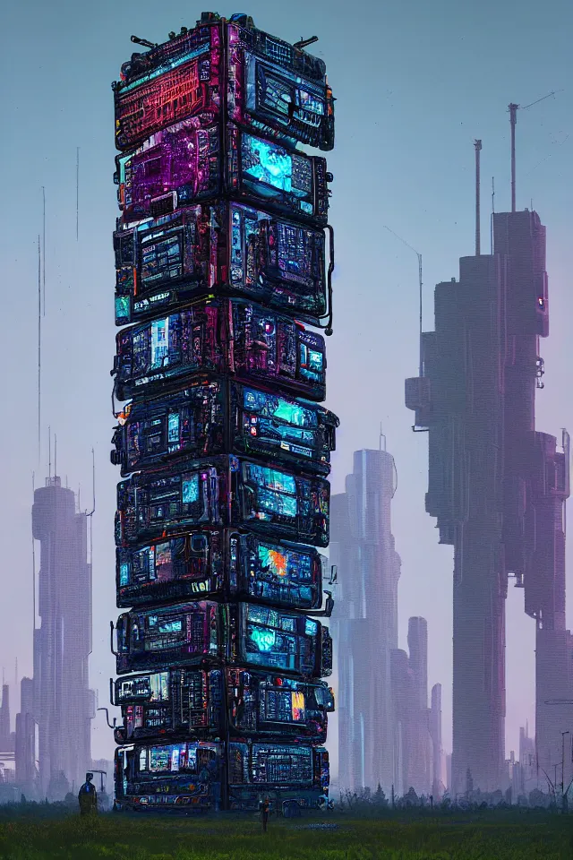 Image similar to cyberpunk tower made out of billions of stacked computer screens by simon stalenhag and dan mumford