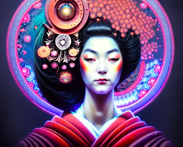 Image similar to a headshot of a geisha offset in the frame, surrounded by fractals, mandalas, cherry blossoms, hadron collider technology, metal gears, swirling bioluminescent energy, art by peter mohrbacher and dan mumford, 8 k octane render, hyperrealistic, zbrush, cinema 4 d