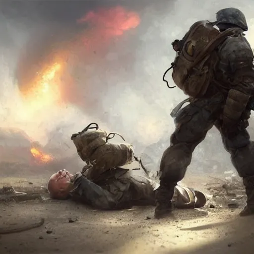 Image similar to Epic portrait A male medic saving an female medic from an explosion, blurred explosion backround, dirt, foggy, digital painting, artstation, concept art, soft light, hdri, smooth, sharp focus, illustration, fantasy, intricate, elegant, highly detailed, D&D, matte painting, in the style of Greg Rutkowski and Alphonse Mucha and artemisia, 8k, highly detailed, jurgens, rutkowski, bouguereau, pastoral, rustic, georgic