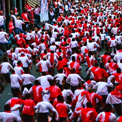 Prompt: the running of the bob rosses screaming in pamplona spain