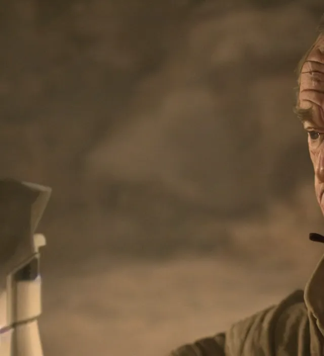 Image similar to tommy lee jones in star wars, movie still frame, hd, remastered, movie grain, cinematic lighting