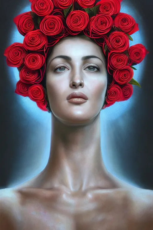 Image similar to hyperrealistic mixed media painting of Mother Mary, resembles Monica Bellucci, a halo about her head, holding a red rose, traditional beauty, stunning 3d render inspired art by P. Craig Russell and Barry Windsor-Smith + perfect facial symmetry + dim volumetric lighting, 8k octane beautifully detailed render, post-processing, extremely hyperdetailed, intricate, epic composition, grim yet sparkling atmosphere, cinematic lighting + masterpiece, trending on artstation, very very detailed, masterpiece, stunning