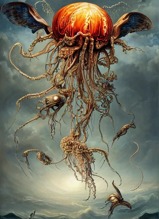 Prompt: an anatomical oil painting of a Harpy jellyfish from a medical journal by Nychos, Julie Bell, Peter Mohrbacher highly detailed, high detail, 8k, storm clouds, birds, dramatic lighting