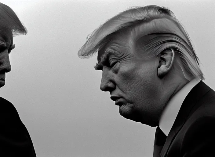 Image similar to screenshot wide shot from moody scene of Donald Trump pensive, in High and Low, 1963 film directed by Akira Kurosawa, kodak film stock, black and white, anamorphic lens, 4K, detailed, stunning cinematography and composition shot by Takao Saito, 70mm