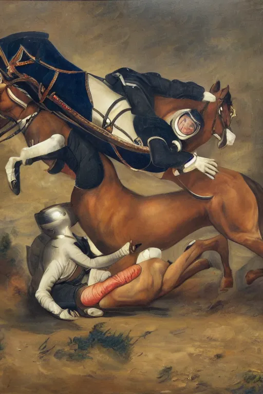 Image similar to a painting of horse wrestles or laying astronaut pilot spaceman on all fours on hands and knees in grappling in closed guard on mount position