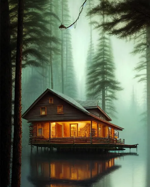 Image similar to a hyper - detailed 3 d render like an oil painting of cabin in the woods floating inside our own consciousness!!!!! surreal concept art, lifelike, photorealistic, digital painting, aesthetic, smooth, sharp focus, artstation hd, by greg rutkowski, bruce pennington, valentina remenar, rhads, asher duran,