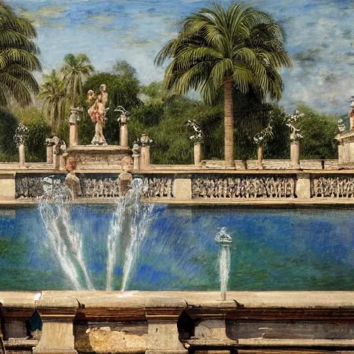 Image similar to a ultradetailed beautiful painting of a old fountain in the amazonas palace balustrade designed by jules bastien - lepage, tarsila do amaral, frank weston and gustave baumann, beach, trending on artstation, mediterranean, palm trees, sharp focus, soft light, 8 k 4 k