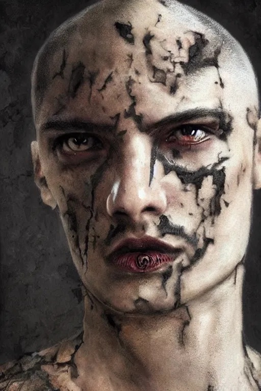 Prompt: a rough looking young man, shaved head, gothic, tattered leather coat, intricate, elegant, dramatic lighting, rugged face, highly detailed, lifelike, photorealistic, digital painting, artstation, illustration, concept art, smooth, sharp focus, art by John Collier and Albert Aublet and Krenz Cushart and Artem Demura and Alphonse Mucha