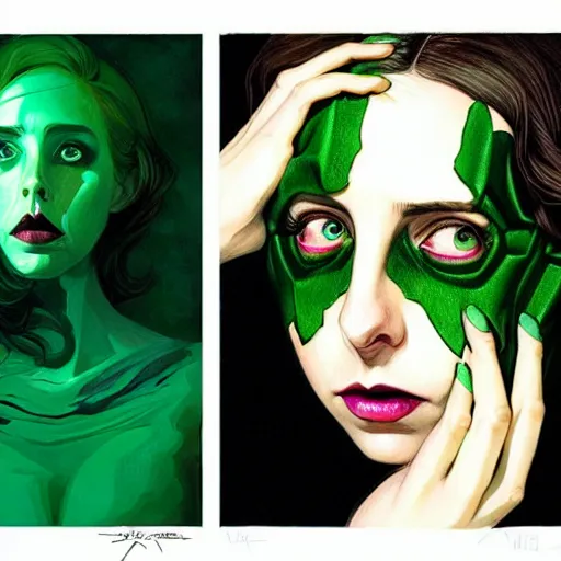 Prompt: in the style of joshua middleton, beautiful alison brie magician, black magic spells, full body green dress, creepy pose, bioshock, spooky, symmetrical face symmetrical eyes, three point lighting, detailed realistic eyes, aquapunk, insanely detailed and intricate elegant, artgerm, underwater home