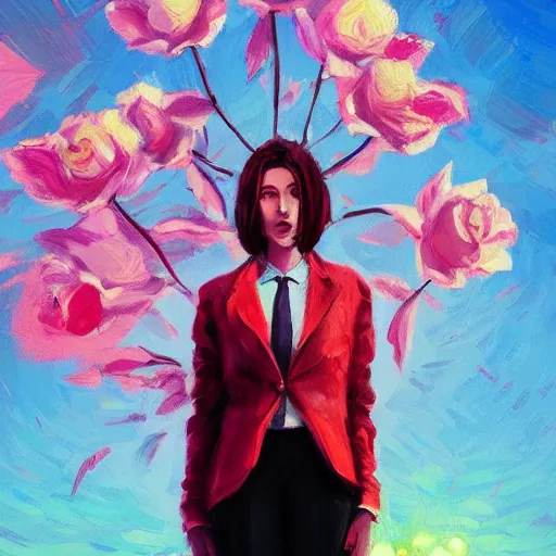 Image similar to closeup, giant rose flower head, frontal, girl in a suit, surreal photography, sunrise, dramatic light, impressionist painting, digital painting, artstation, simon stalenhag