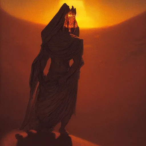 Prompt: a desert djinn at sunset by greg rutkowski and gustave dore, oil on canvas