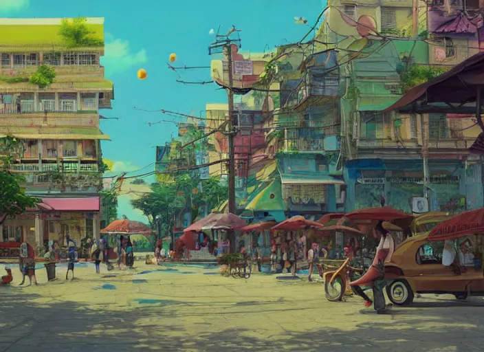 Prompt: bangkok townsquare, deserted, summer morning, very coherent and colorful high contrast, art by gediminas pranckevicius, geof darrow, makoto shinkai, dark shadows, hard lighting