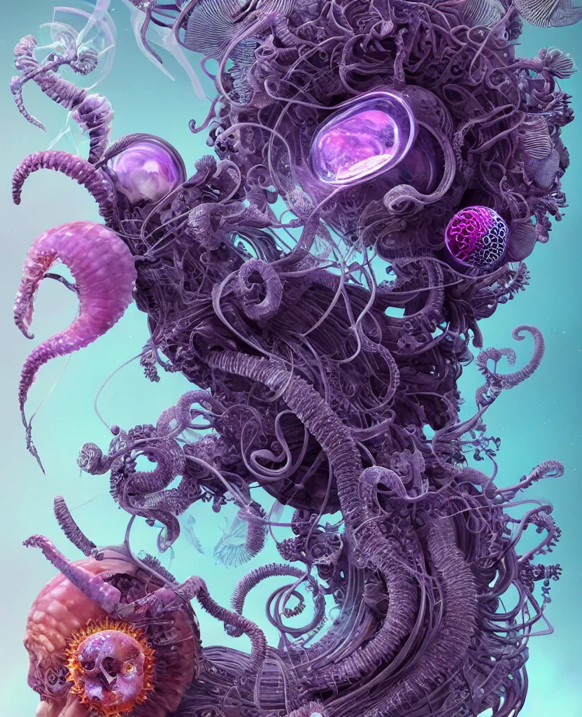 Image similar to goddess close-up portrait ram skull, thorax, x-ray, backbone, jellyfish phoenix head, nautilus, orchid, skull, betta fish, bioluminiscent creatures, intricate artwork by Tooth Wu and wlop and beeple. octane render, trending on artstation, greg rutkowski very coherent symmetrical artwork. cinematic, hyper realism, high detail, octane render, 8k