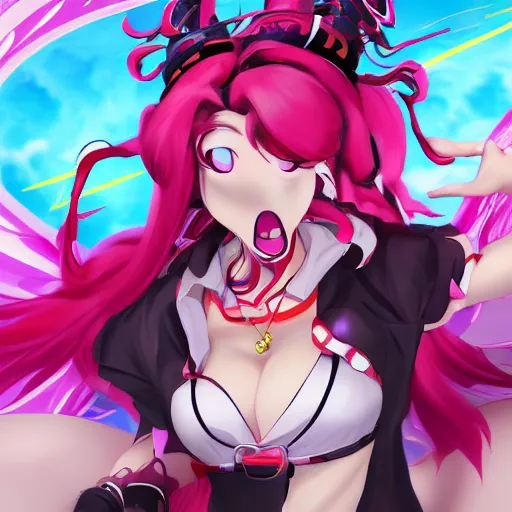 Prompt: stunningly beautiful omnipotent megalomaniacal anime goddess who looks like junko enoshima, symmetrical perfect face smiling in a twisted, mischievous, devious and haughty way while looking down upon the viewer and taking control, mid view from below her feet, hyperdetailed, unreal engine 5, 8 k