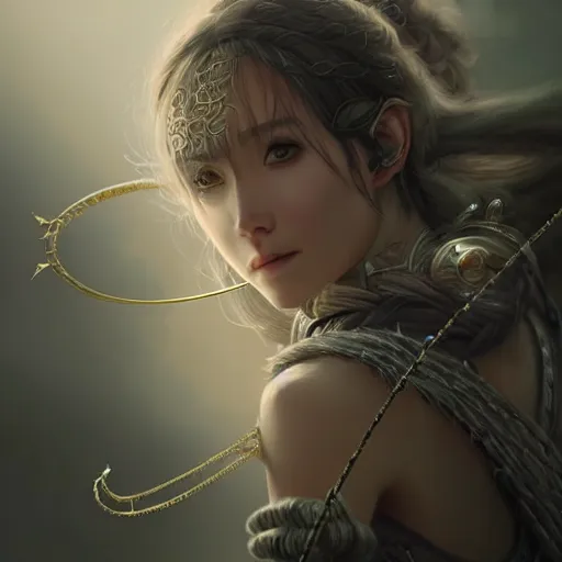 Image similar to beautiful extremely detailed intricate concept art depicting an archer by wlop. shining jewelry. grey atmosphere. particles in the background. bcy. net