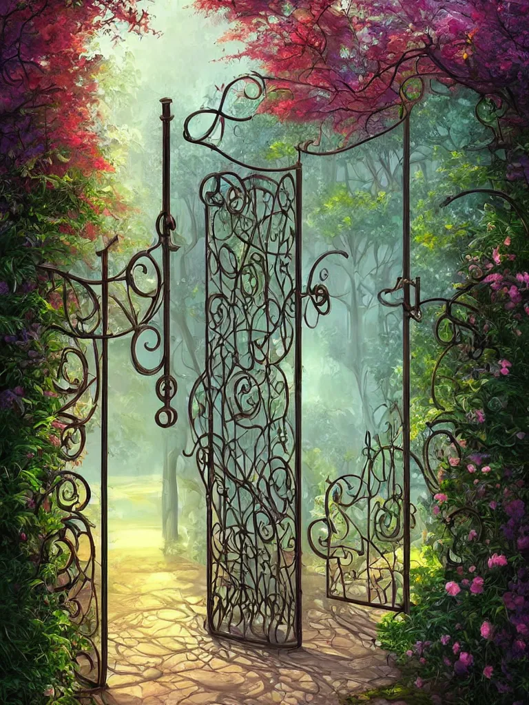 Image similar to beautiful oil painting digital high quality of wrought iron garden gate with a tranquil garden in the background and stone ground Cyril Rolando, David Wiesner, Anato Finnstark, artstation behance