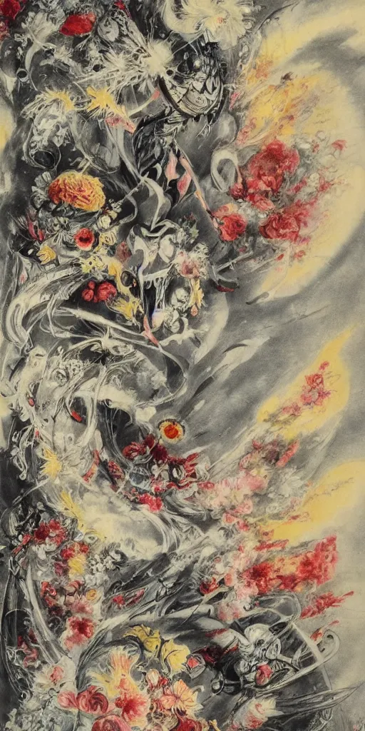 Prompt: Louis Icart, an old elaborate painting of an abstract robot tornado made entirely out of flowers, highly detailed, swirling, flowing, dancing, dreaming, bursting with positive energy, happy, creative, masterpiece