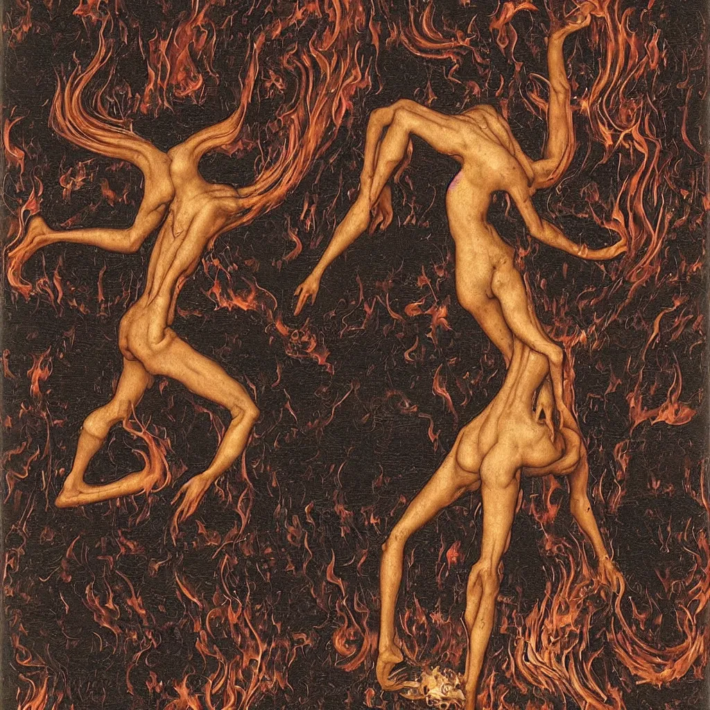 Image similar to a graceful detailed demon ballerina leaving a trail of smoke in a pool of lava by h. r. giger, by hans memling