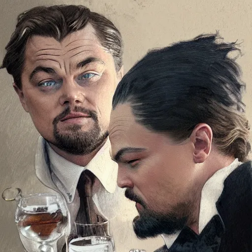 Image similar to leonardo dicaprio from django laughing with a small sherry drink in hand to lips, highly detailed, intricate, digital painting, artstation, sharp focus, illustration, art by jakub rozalski, greg rutkowski, artgerm, tan zi and ayanamikodon and alphonse mucha and wlop