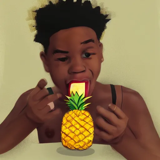 Prompt: Dexter DeShawn eating a pineapple, trending on artstation