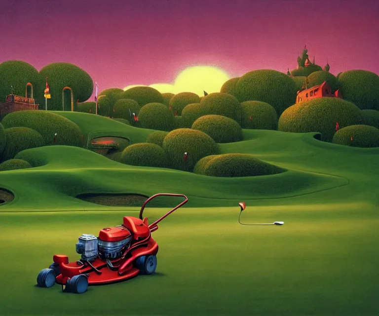 Image similar to hyper detailed 3d render like a Oil painting - a cartoon mouse riding a lawnmower across a golf course at dawn, by Jacek Yerka, Mariusz Lewandowski, Houdini algorithmic generative render, Abstract brush strokes, Masterpiece, Edward Hopper and James Gilleard, Zdzislaw Beksinski, Mark Ryden, Wolfgang Lettl, hints of Yayoi Kasuma, octane render, 8k