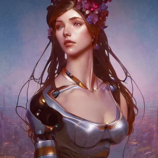 Prompt: female robot, incredibly detailed face, pretty face, true anatomy, art by artgerm and greg rutkowski and alphonse mucha