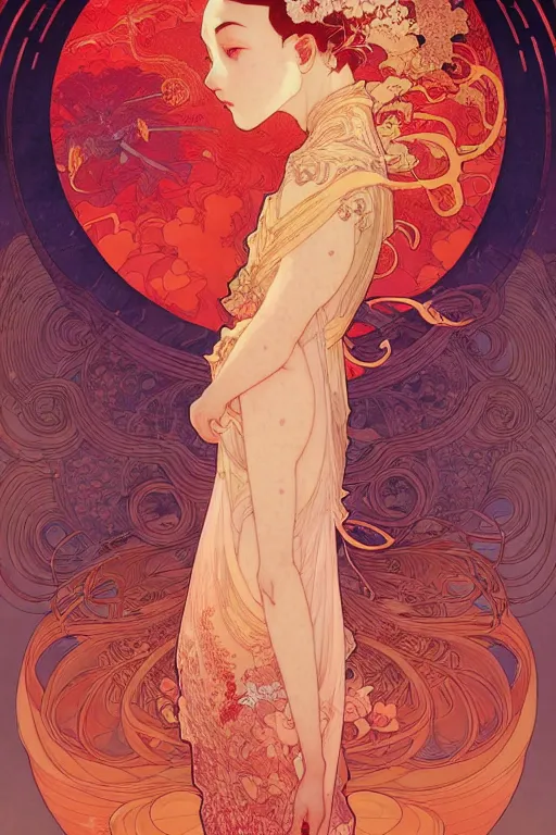 Image similar to a beautiful hyperdetailed character design 4 k wallpaper illustration of a huge reddish phoenix, victo ngai style, alfons mucha ， from china, style of studio ghibli, denoise, deblurring, artgerm, xision, james jean, ross tran, chinese style